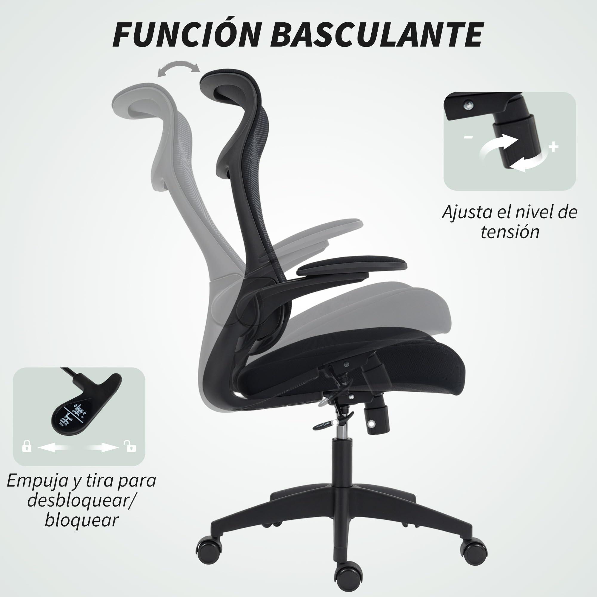HOMCOM Silla de Oficina Ergonómica Giratoria con Soporte Lumbar Negro | Reposabrazos 3D Abatibles, Silla de Escritorio de Malla Transpirable, Reposacabezas Integrado, Basculante, Altura Ajustable