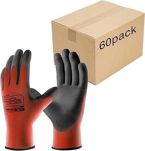 Miniatura 11 de COOLJOB Paquete de 12/60 pares de guantes de trabajo de seguridad a granel con revestimiento de poliuretano de agarre, guantes de punto sin costuras