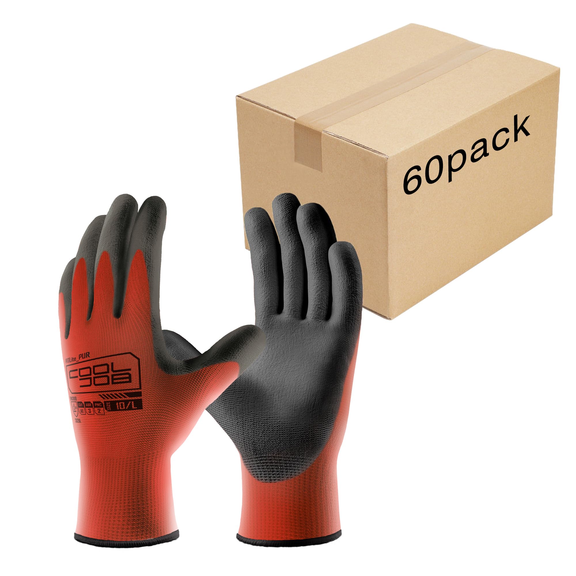 COOLJOB 60 Pairs Safety Work Gloves Pack Bulk with Grip PU Coating, 13 Gauge Seamless Knit Gloves with Polyurethane Dipped for Warehouse Working,