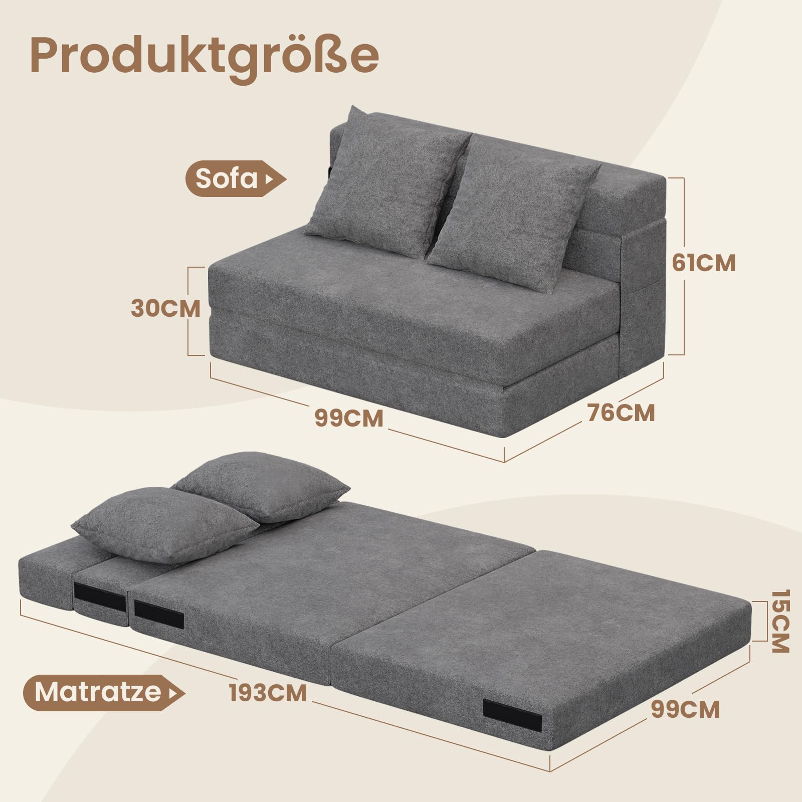 Schlafsessel mit Bettfunktion, 5 in 1 Klappbar Schlafsofa 99 cm Breit Bettsofa mit Kissen & Seitentaschen, Bodenmatratze für Wohnzimmer Schlafzimmer Büro Gästezimmer, Dunkelgrau