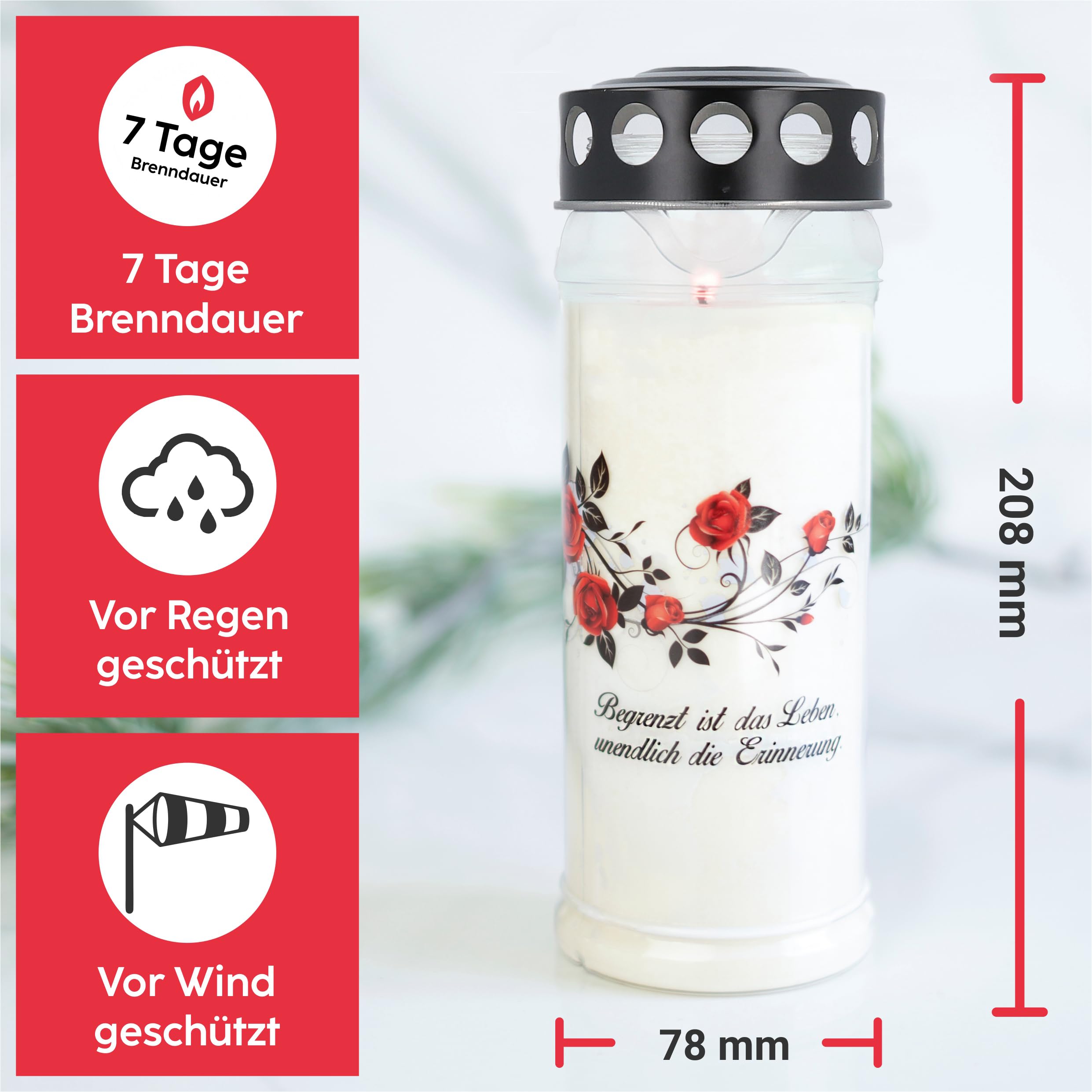 Hofer grafkaarsen, 7 dagen brandduur, het origineel [Mama Select], regenbestendig, rouwkaarsen met deksel, graflicht, begraafplaatskaarsen met motief en spreuk, kaarsen voor grafdecoratie, set van 6