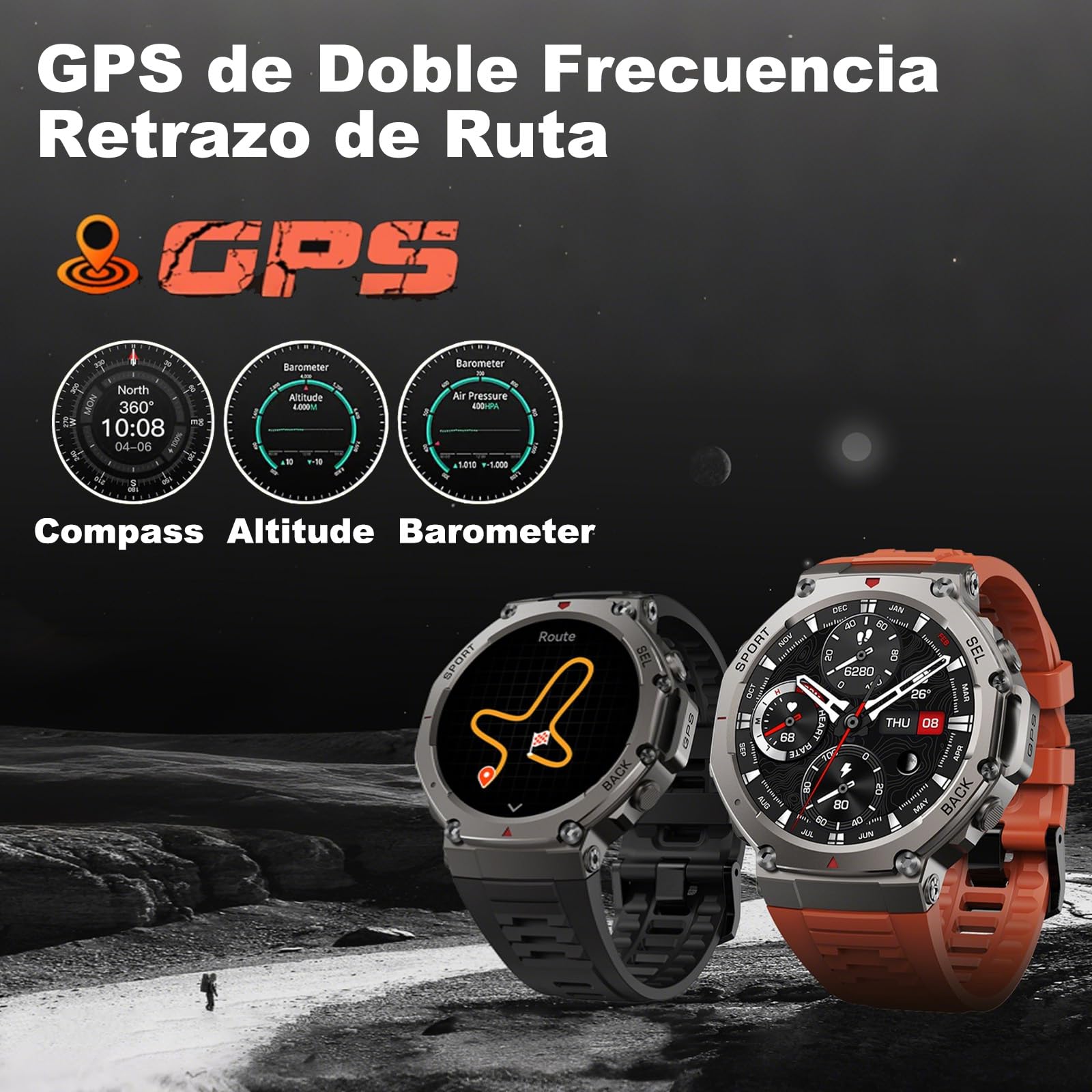 Reloj Inteligente GPS Frecuencia Dual con Mapas Offline, 1.43" AMOLED, Llamadas Bluetooth y Altavoz, +170 Modos Deportivos, Monitor Cardiaco SpO2 24/7 Batería hasta 15 Días Resistente al Agua (Negro)