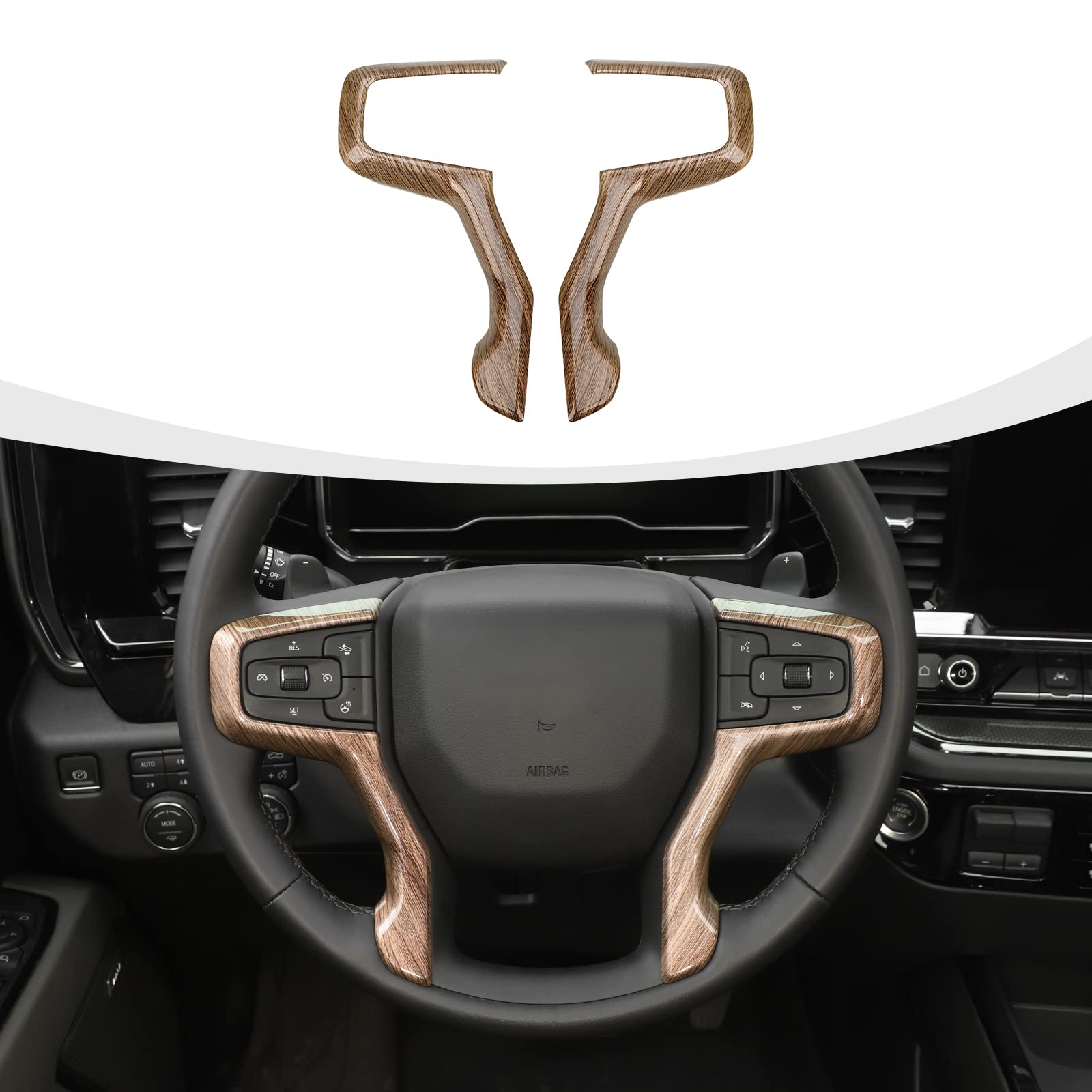 RAZPOY Steering Wheel Trim Cover Compatible with 2019-2022 Chevy Silverado & Suburban 2020-2023 & Tahoe 2021-2023, Wood Grain