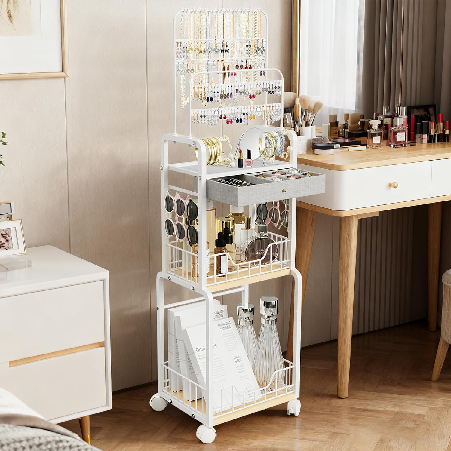Large Jewelry Organizer Stand with Drawer and 2 Storage Trays, Ring Necklace Holder Display, Floor Skincare Organizers, Hanging Jewelry Stand for Bracelet, Earring, Rings