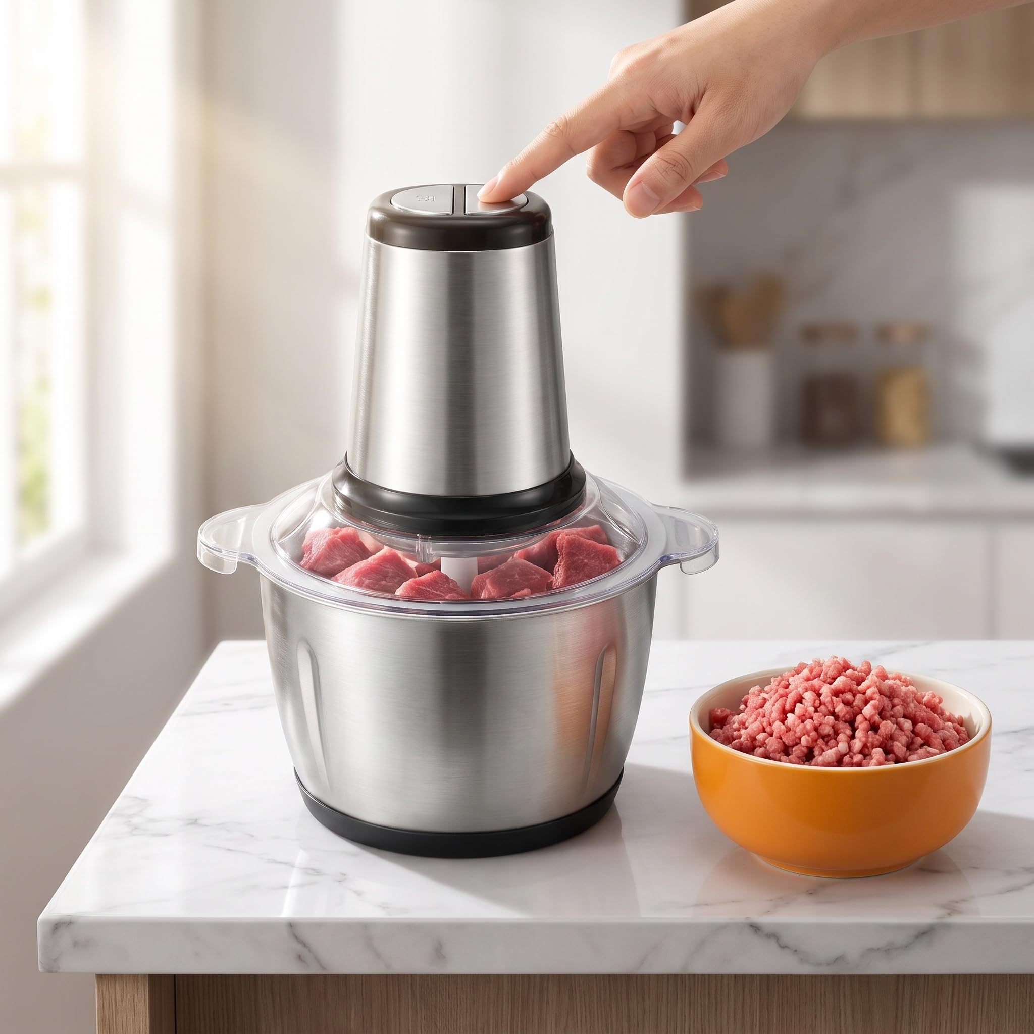 Picadora De Carne Eléctrica De Acero Inoxidable De 3 litros, Procesador De Alimentos Y Picadora De 300 W con 2 Velocidades, Picadora Multifunción para El Hogar para Carne, Verduras Y Frutos