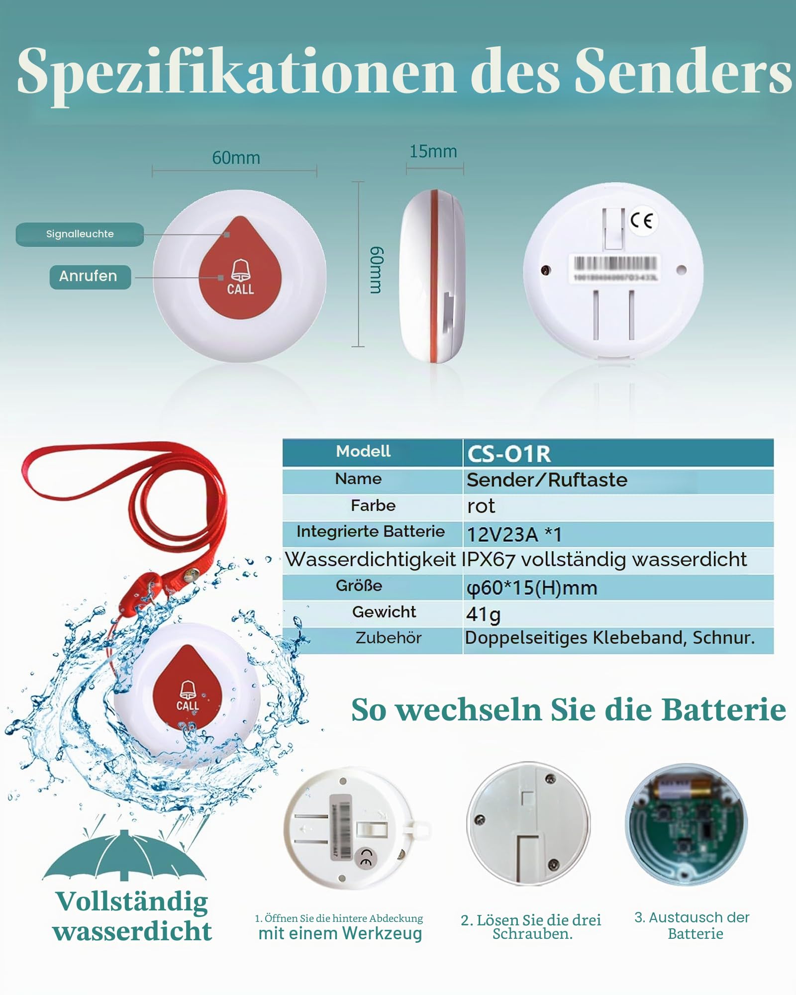 Rufsystem Notrufknopf für Senioren,Drahtloses Paging Anrufsystem kabelloses Anrufsystem für Pflegepersonen, mit Display-Empfänger, für Krankenhaus, Klinik(2DO1-10)