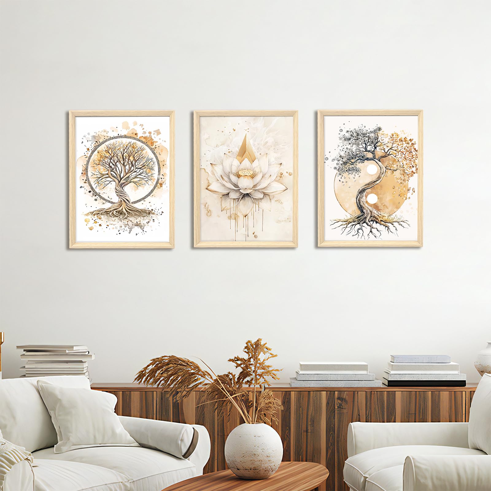 3 Pcs Wooden Framed Canvas Wall Art Set Bohemian Sage Green Canvas Prints Poster Geometric Line Beige Green Pictures for Living Room Bedroom Dinning Room Hallway Stairs Wall Decor 30x40cm x3pcs — view 487