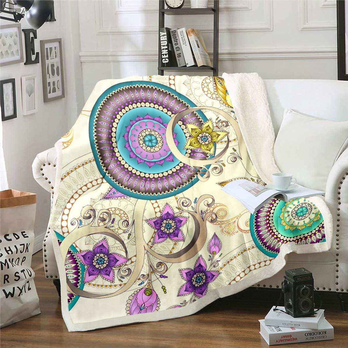 Loussiesd Boho Mandala Fleece Blankets Kids Woman Adults Bohemian Style Sherpa Blanket Hippie Mandala Printed Vintage Floral Print CCCCCs,Room Decor King 87"*94" — image 1