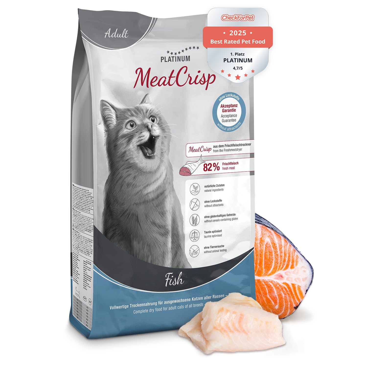 PLATINUM - Katzenfutter MeatCrisp Adult Fish aus dem Frischfleischtrockner - 1,5kg Katzenfutter trocken mit 82% Frischfleisch - Trockenfutter für Katzen - Crispy Biss und leicht verdaulich
