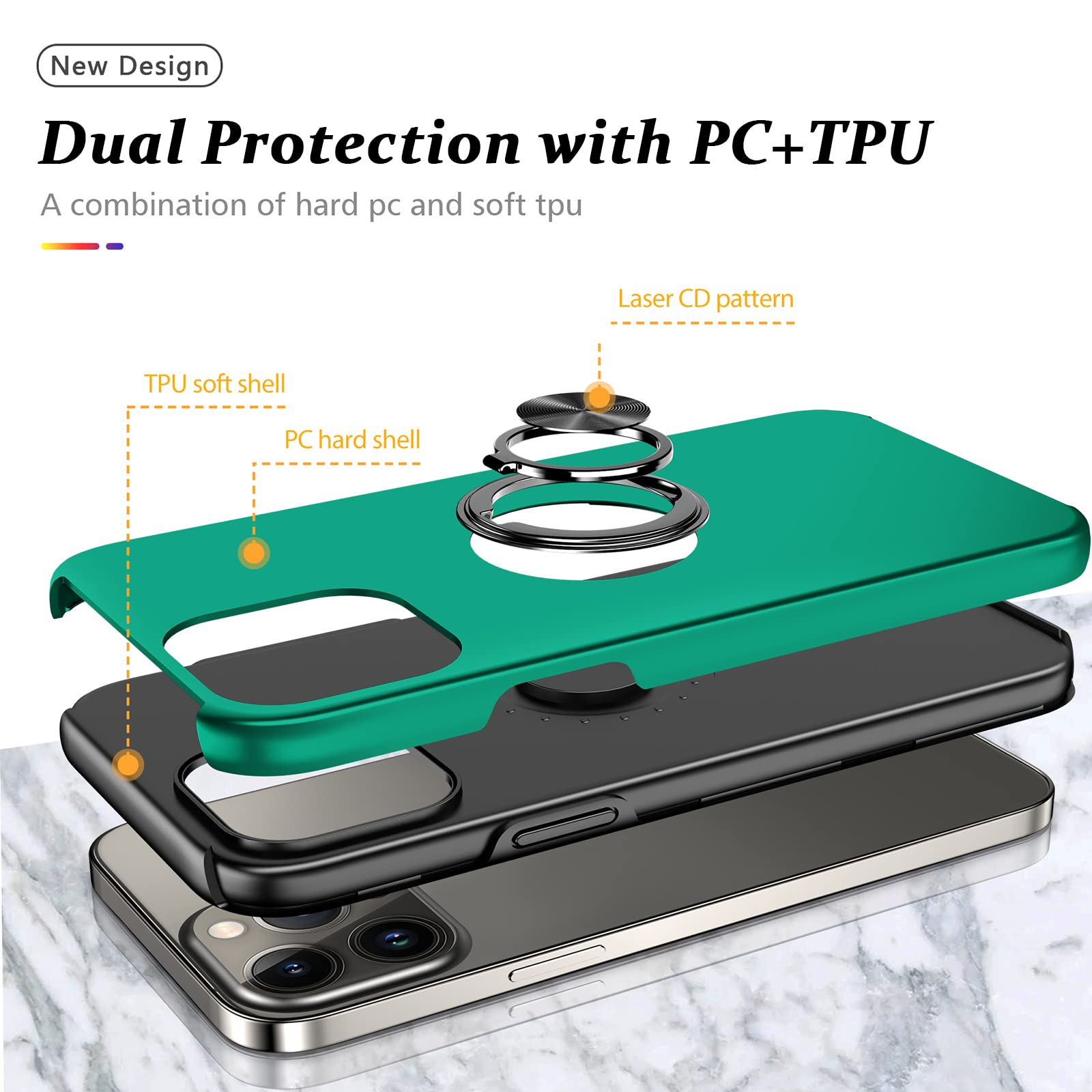 Coque Antichoc pour iPhone 13 Pro, [Anneau de Support magnétique] Coque de téléphone de qualité Militaire avec Support en métal renforcé intégré pour iPhone 13 Pro, Vert