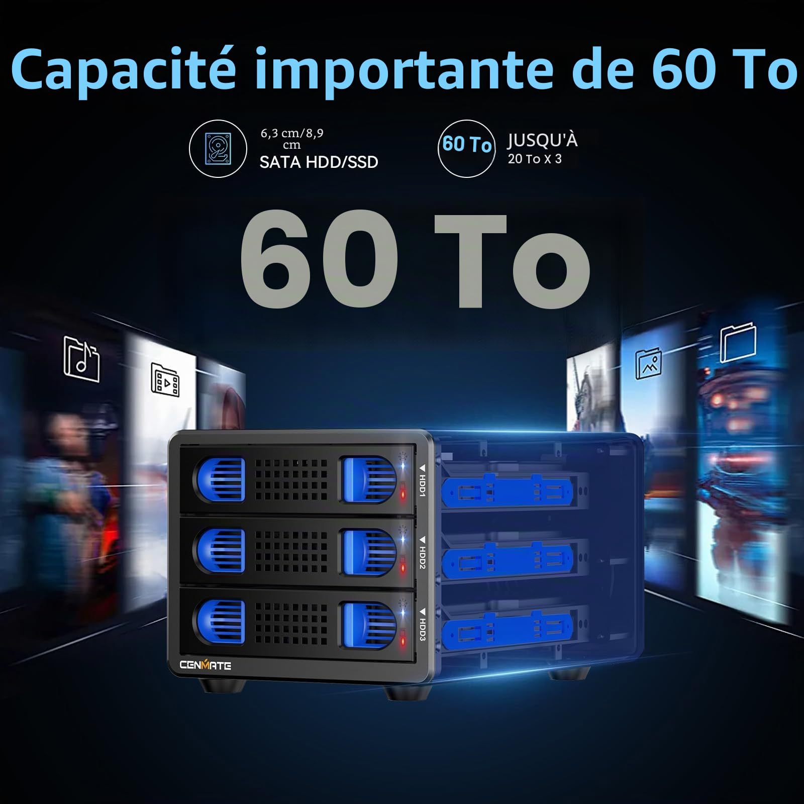 Boîtier Disques Durs, Aluminium Boîtier 3 Baies 10Gbps avec Ventilateur pour HDD/SSD SATA 2,5/3,5, Câble USB A/C 3.2 Remplacement à Chaud, Boîtier HDD sans Outil, DAS (sans Raid/NAS)