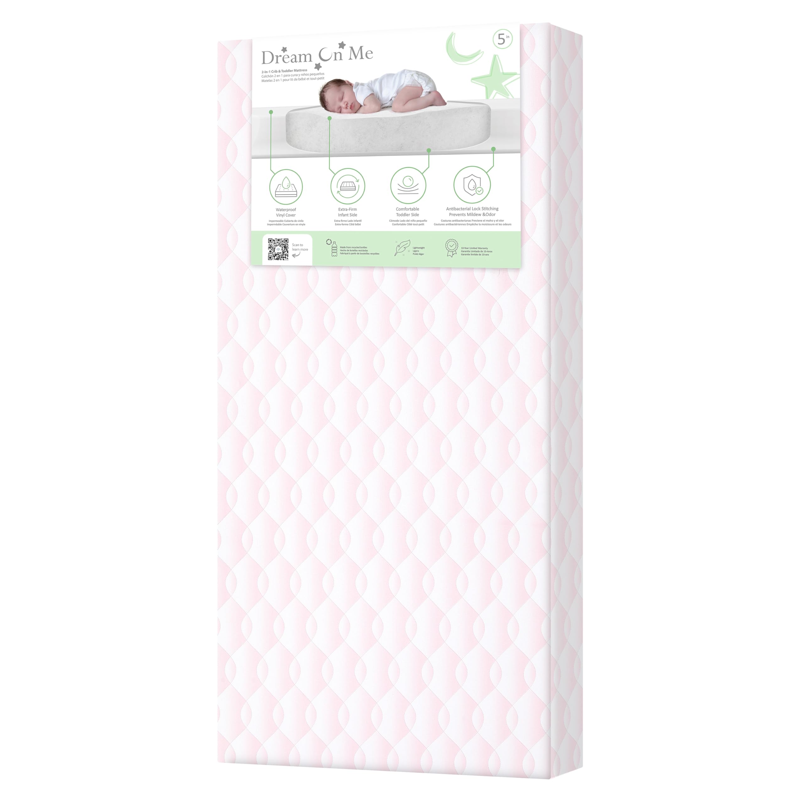 Dream On Me Little Lullaby 5” 2-in-1 Crib & Toddler Mattress, Dual-Sided Infant & Toddler Support, Waterproof & Stain Resistant, GREENGUARD Gold &