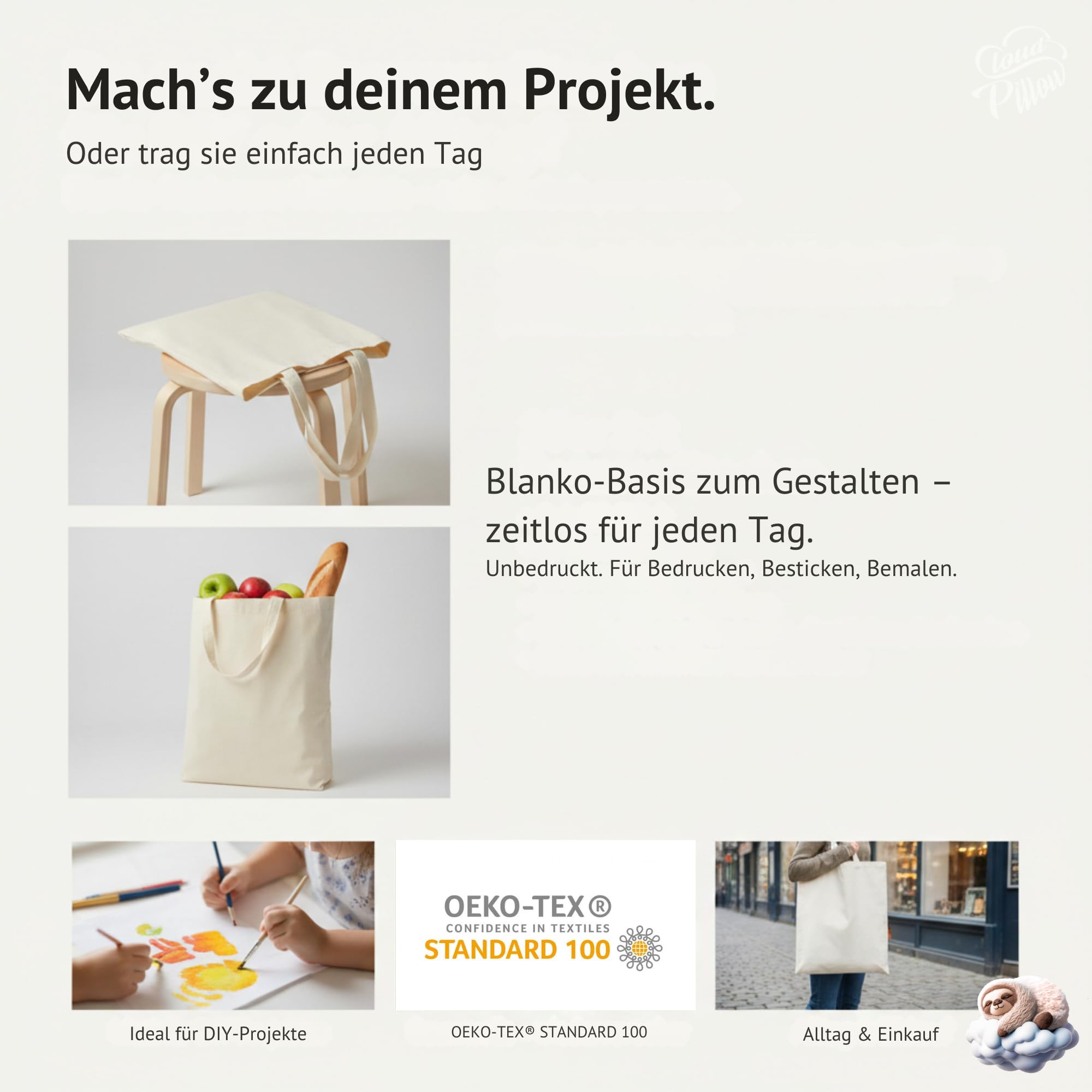 Cloud Pillow Baumwolltasche 38 x 42 cm – Einkaufstasche aus 100% Baumwolle mit 144 g/m², ca. 70 cm langen Henkeln, unbedruckt für DIY, praktisch für Alltag, Uni und Büro, OEKO-TEX Standard 100