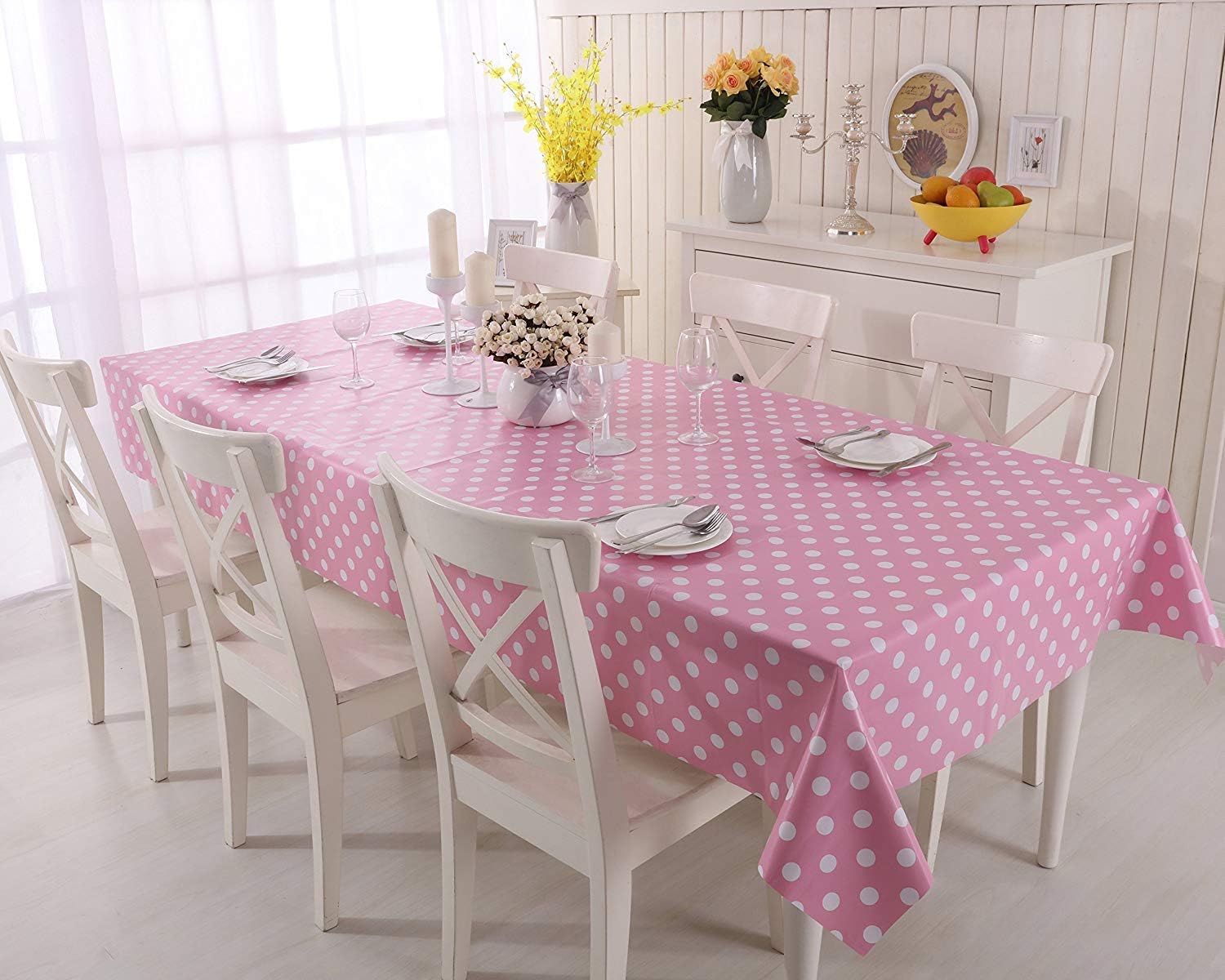 Vinylla Polka Dot Pink Easy Wipe Clean PVC Tablecloth, Round(Dia.178cm)