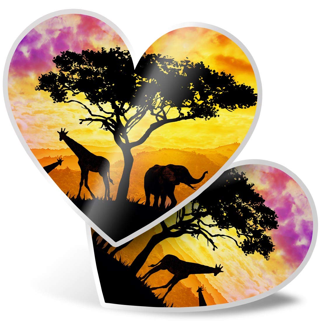 2 x Heart Stickers 7.5 cm - African Sunset Giraffe Elephant Fun Decals for Laptops,Tablets,Luggage,Scrap Booking,Fridges, #12325