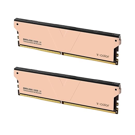 v-Color Skywalker Plus DDR4 64GB (32GBx2) 4266MHz (PC4-34100) CL19 Gaming Desktop Ram Memory Hynix IC Dual Rank 1.35V High End Mirror Finished Metal Heatsink- Metallic Golden (TO432G42D819CSGAKK)