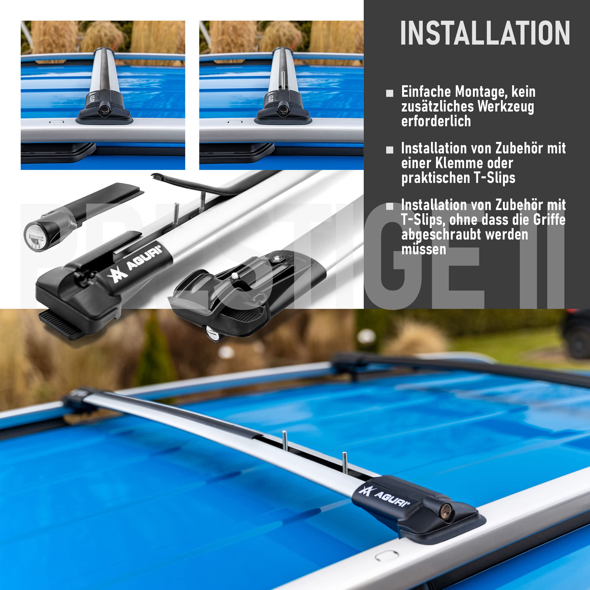 AGURI Prestige II | Kompatibel mit Ford Kuga 2012-2019 | Dachgepäckträger Dachträger | Geeignet zur Befestigung von Dachboxen, Fahrradträger, Leiter | Robuste Konstruktion aus Alu | TÜV