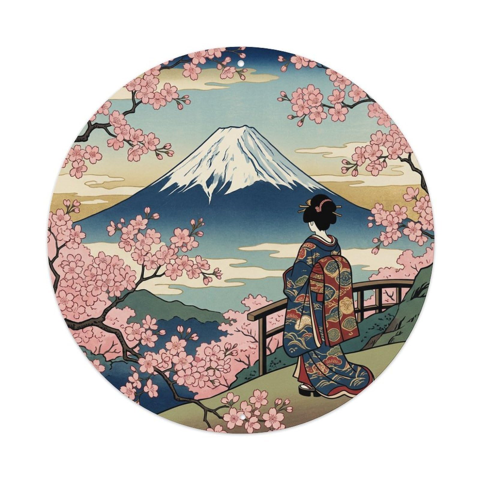 Galvaxio Style Japanese Kimono Woman Mount Fuji Cherry Blossoms Iconic Metal Tin Sign