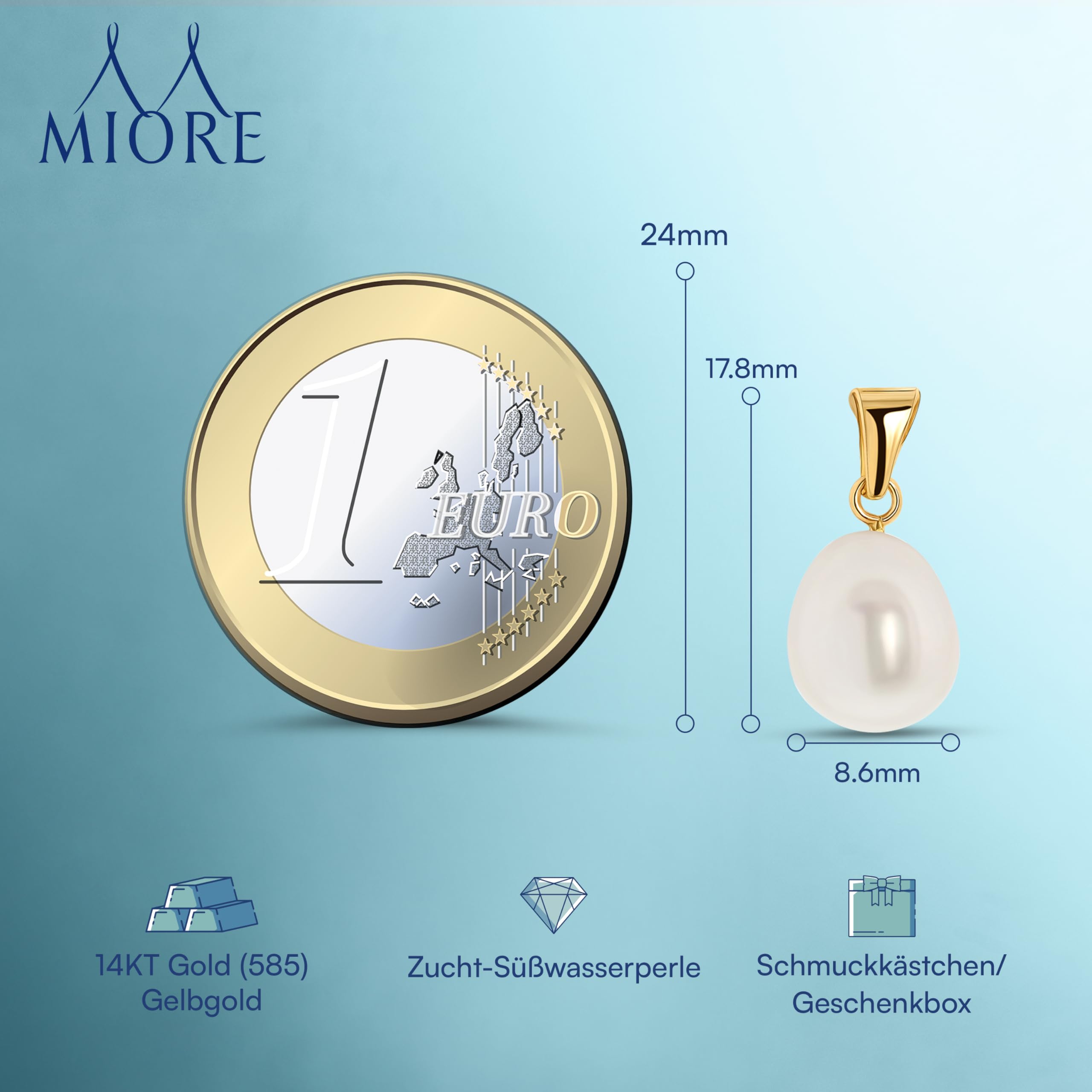 MIORE Kettenanhänger Gold –14 Karat (585)Gelbgold- Perlen Anhänger, Charms Anhänger für Kette, weiße Süßwasser Perle 8mm, Hypoallergener Goldanhänger, Perlenschmuck, Schmuck Damen -in edler Schmuckbox