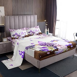 Manfei Cute Gnomes Sheet Set King Size, Purple Vine Flower Butterfly Bed Sheet Set 4pcs with Deep Pocket Fitted Sheet + Flat Sheet + 2 Pillowcases, Lavender Bouquet Bedding Set for Kids Boys Girls
