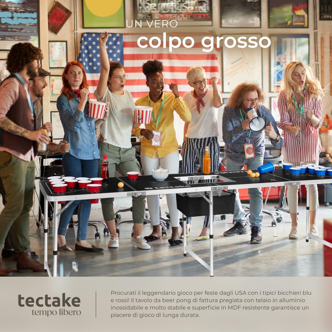 tectake® Tavolo da Beer Pong, Pieghevole con Maniglia, Kit Completo Bicchieri Multicolor e Palline, Beer Pong Set, Struttura in Alluminio, Regali Divertenti, Giochi per Festa - 235 x 60 x 70 cm