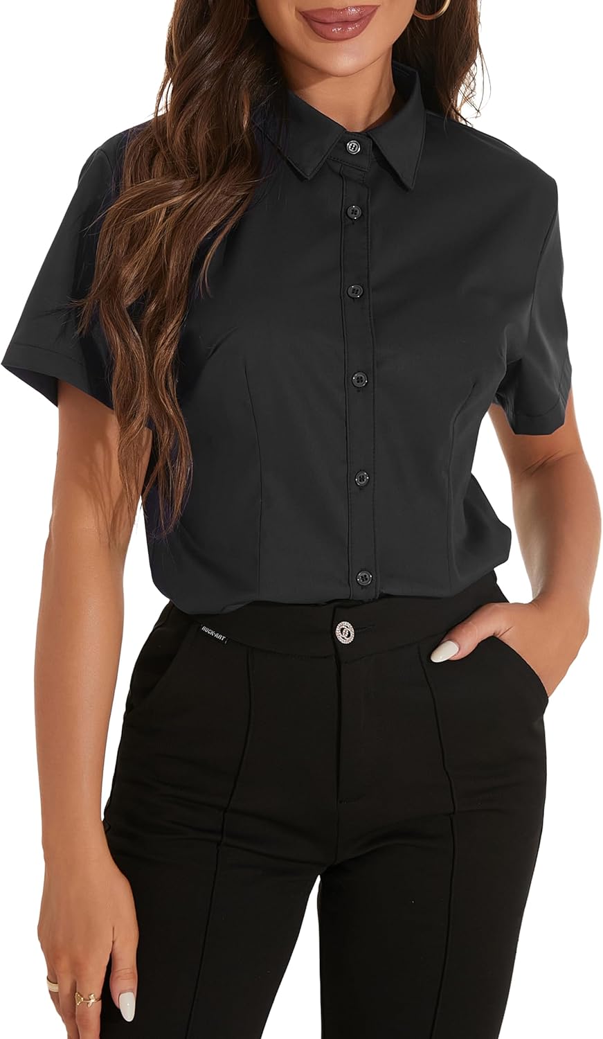 GUANYY Womens Classic-Fit Dress Shirts Short Sleeve Button Down Shirt Casual Work Office Business Wrinkle-Free Blouse - Image 6