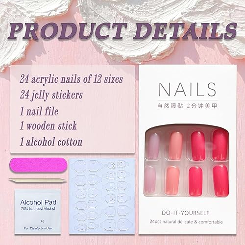 Miniatura 3 de Uñas postizas a presión de color rosa intenso, cuadradas, medianas, SWEKKE de verano, uñas postizas de cobertura completa con pegamento para uñas,