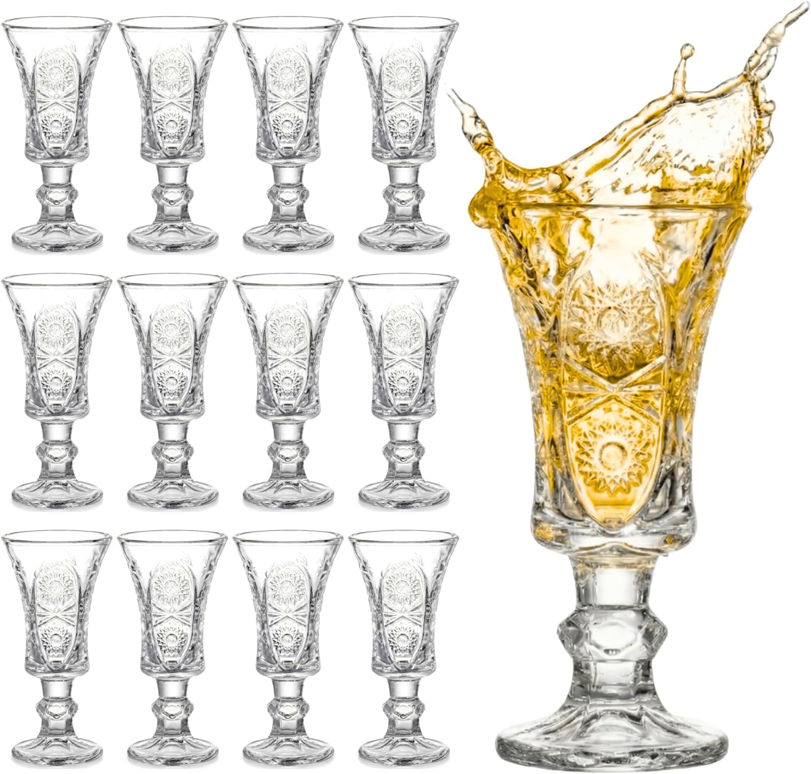 Youeon 12 Pack 1.5 oz Shot Glasses Set, Etched Glass Shot Glasses with Heavy Base, Small Goblet Shot Cups for Tequila, Whiskey, Vodka, Liquor, Mini Cordial Glasses for Party Bar