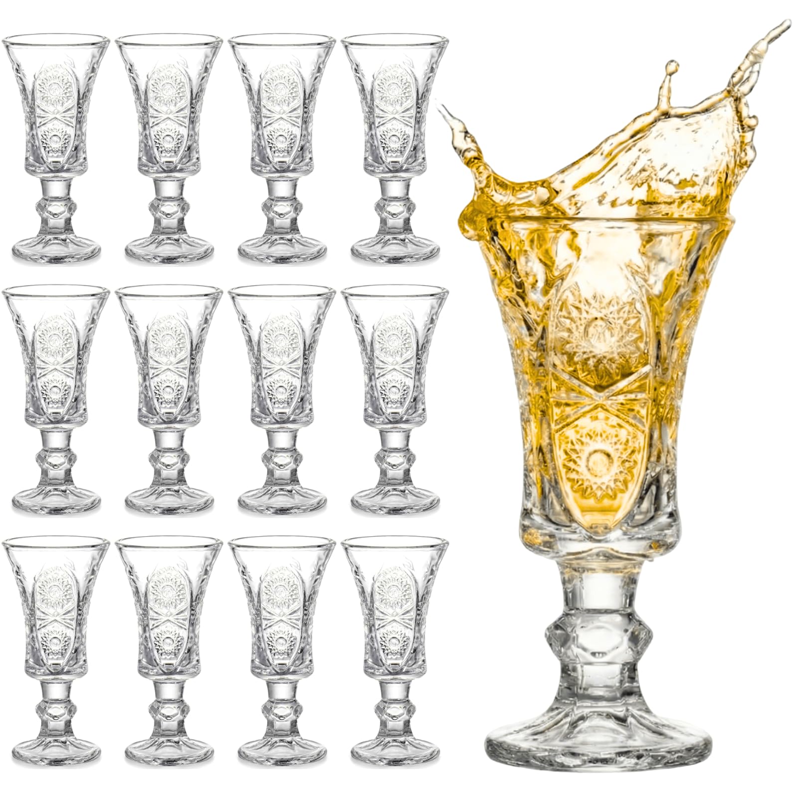 Youeon 12 Pack 1.5 Oz Shot Glasses Set, Clear Cordial Glasses, Fancy Shot Glass Set, Mini Wine Glass with Heavy Base, Small Goblet Shot Cups for Tequila, Liquor, Whiskey, Vodka