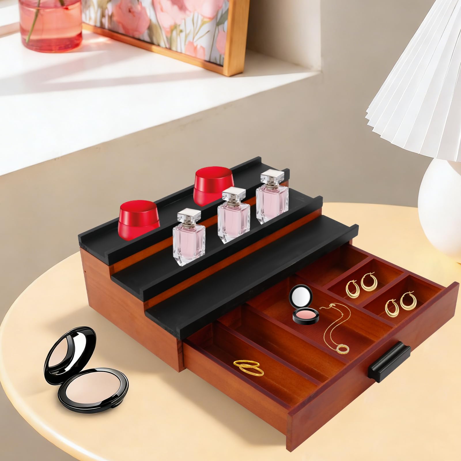 Organizador de perfume de madera de 3 niveles con cajón marrón