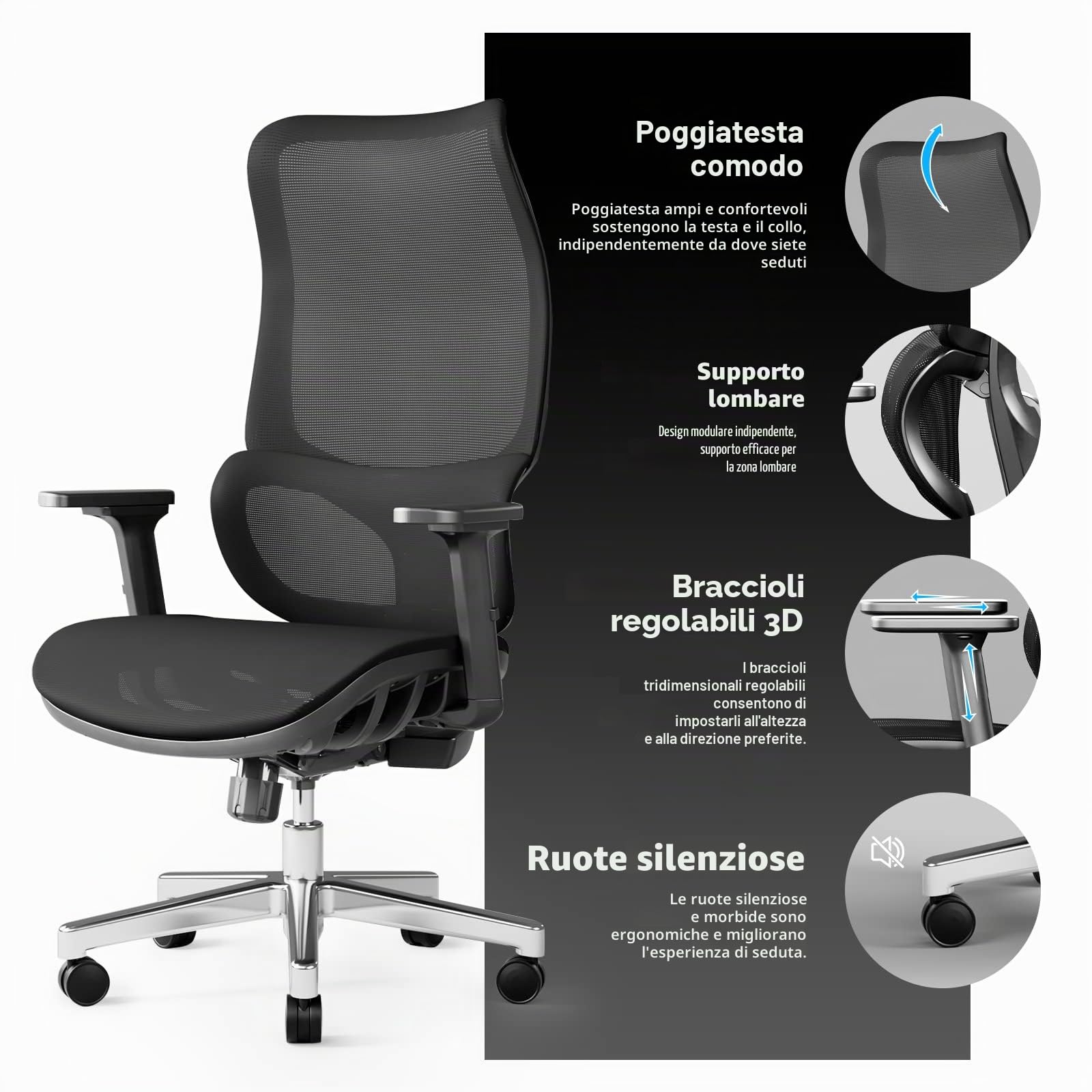 JOYFLY Sedia Ufficio Ergonomica con Sedile Regolabile, Sedia da Ufficio con Supporto Lombare, Sedie Ufficio, Sedia Scrivania Poltrona Ufficio, adulti, 150 kg, Sedia PC (Nero)