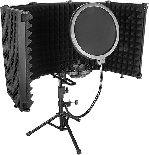 Escudo de aislamiento de micrófono de estudio, con filtro pop y soporte de micrófono de escritorio de metal, 5 pliegues, plegable, protector de