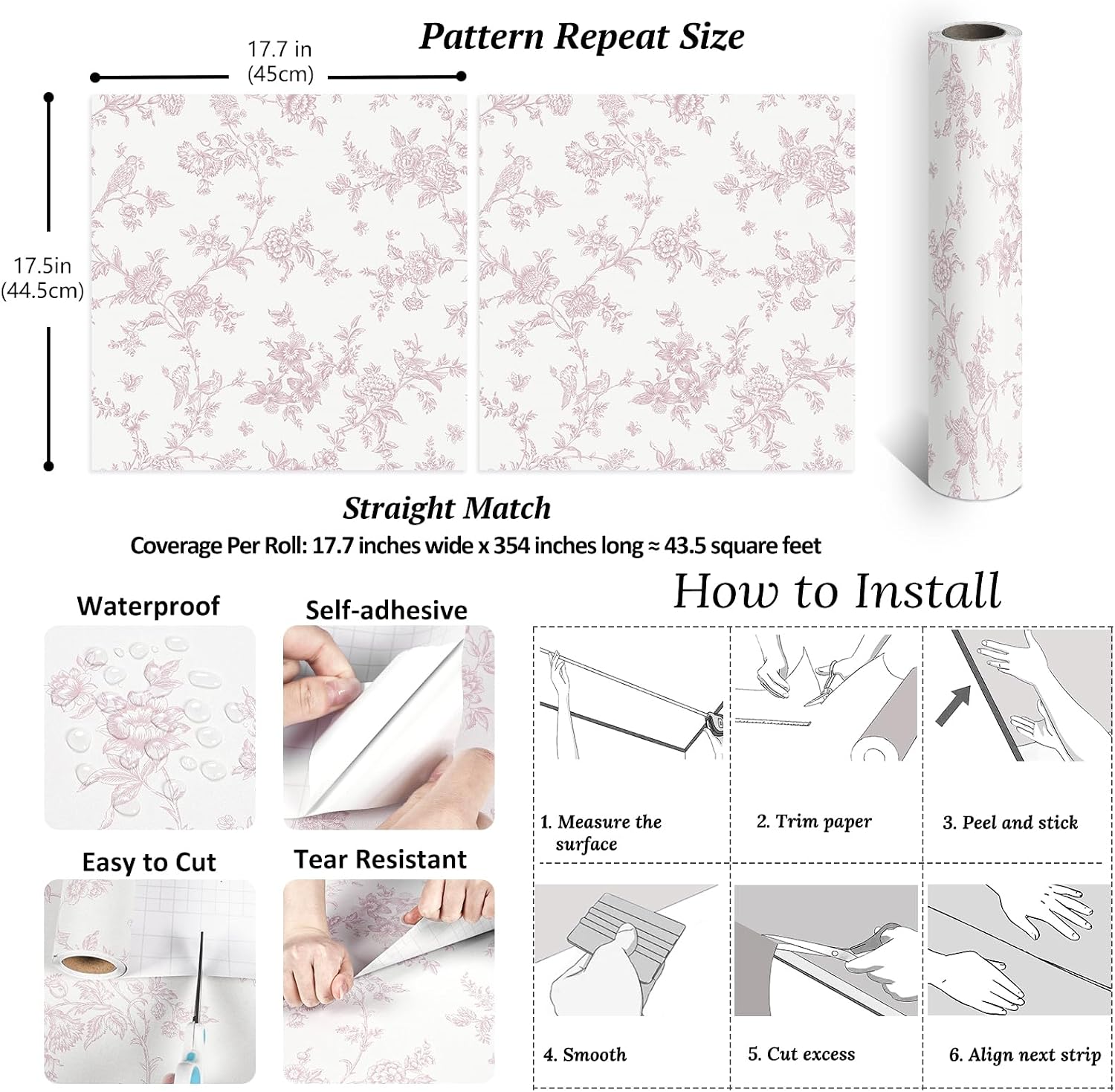 VEELIKE Vintage Pink Toile Wallpaper Peel and Stick Chinoiserie Wallpaper with Birds Flowers 17.7''x354'' Removable Wall Covering Self Adhesive Floral Wall Paper for Bedroom Bathroom Living Room Decor