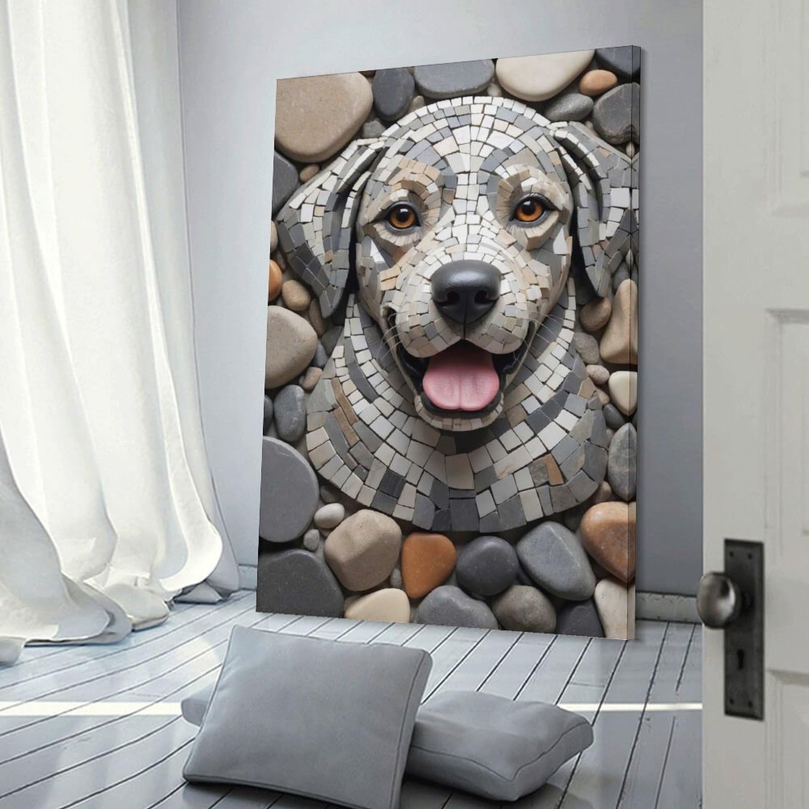 Junmoney Mosaic Dog Portrait with Stone Background Hanging Wall Art, 12x18inch(30x45cm), for Gallery Wall Decor And Room Displays, Home Wall Art for Statement Displays
