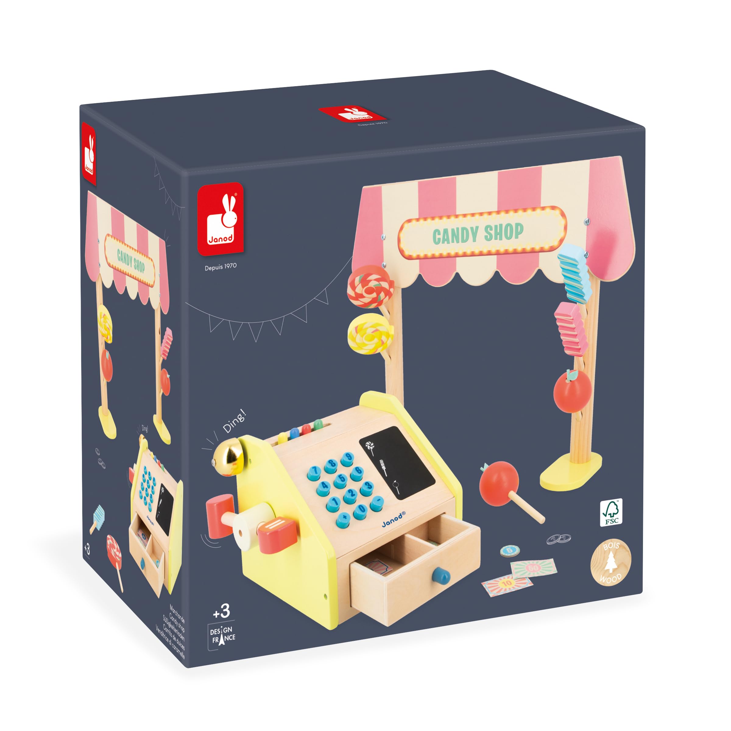 Janod - Tienda Infantil Applepop - Juego de Imitación con Caja Registradora - 19 Accesorios - Estimula la imaginación - Juguete de Madera FSC - Pintura al Agua - A Partir de 3 Años, J03350