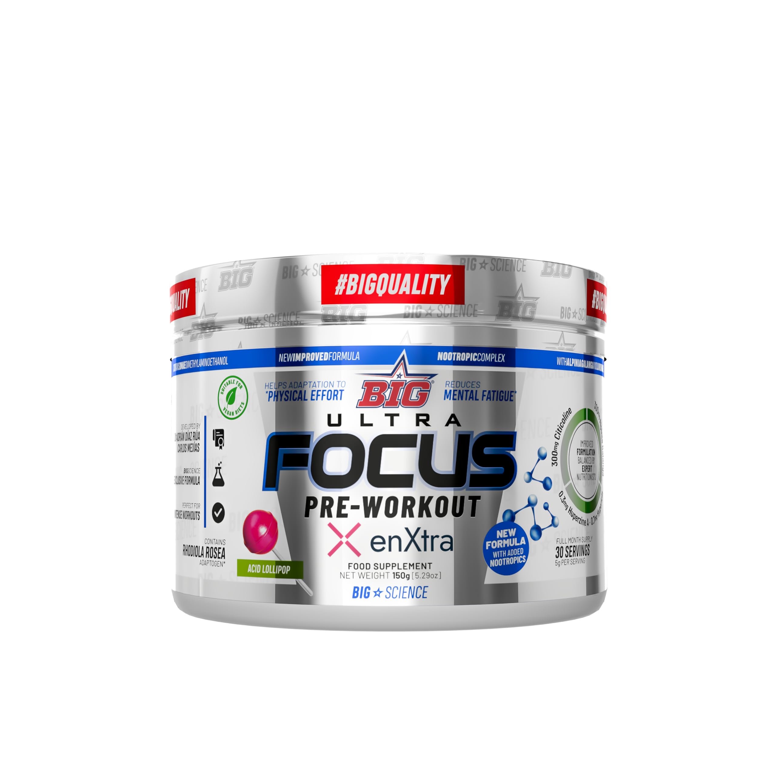 BIG - Pre Entreno Gimnasio - 30 Tomas - Pre Workout Potente con Nootropicos - Pre Entreno Fuerte con 300 mg Cafeina - Aumenta la Concentración y Reduce la Sensación de Fatiga (150g, Acid Lollipop)