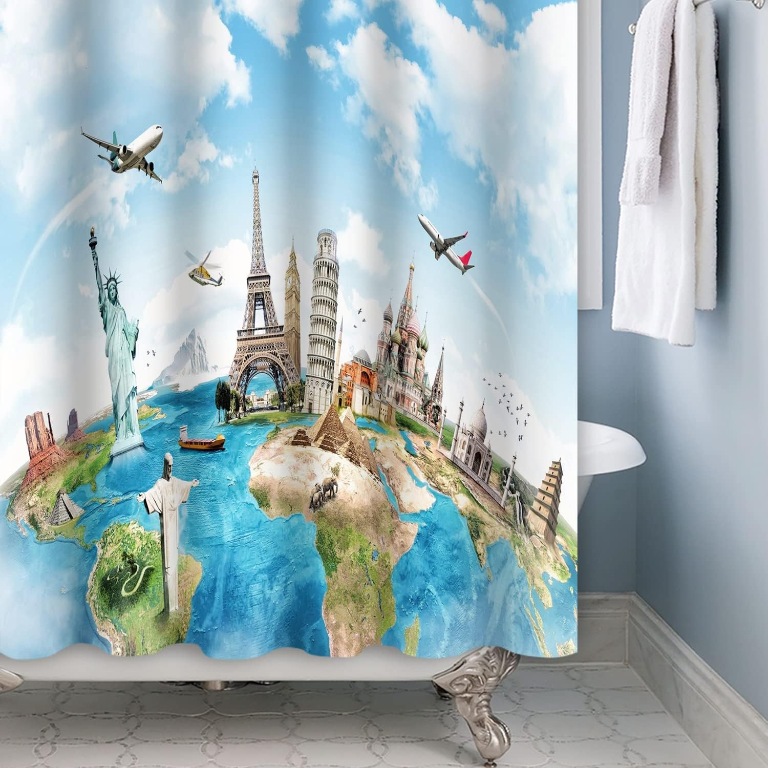 Worldwide Travel Shower Curtains World Map Famous Landmark Adventure Awaits Machine Washable Waterproof Fabric Bathroom Decor Curtains Set with Hooks, 72x72 Inch