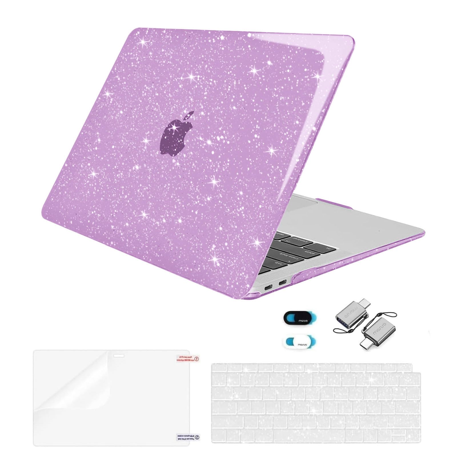 MOSISO Compatible with MacBook Air 13 inch Case 2022 2021 2020 2019 2018 Release A2337 M1 A2179 A1932, Sparkly Glitter Plastic Hard Case&Keyboard Cover&Screen Film&Webcam Cover&Type C, Purple