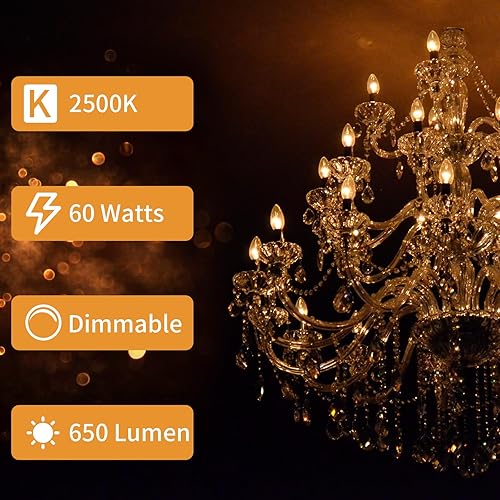 Miniatura 4 de COLWATT Paquete de 12 bombillas incandescentes E12 de 60 W, blanco cálido, 2500 K, 650 lúmenes, regulables, para ventilador de techo, colgantes o