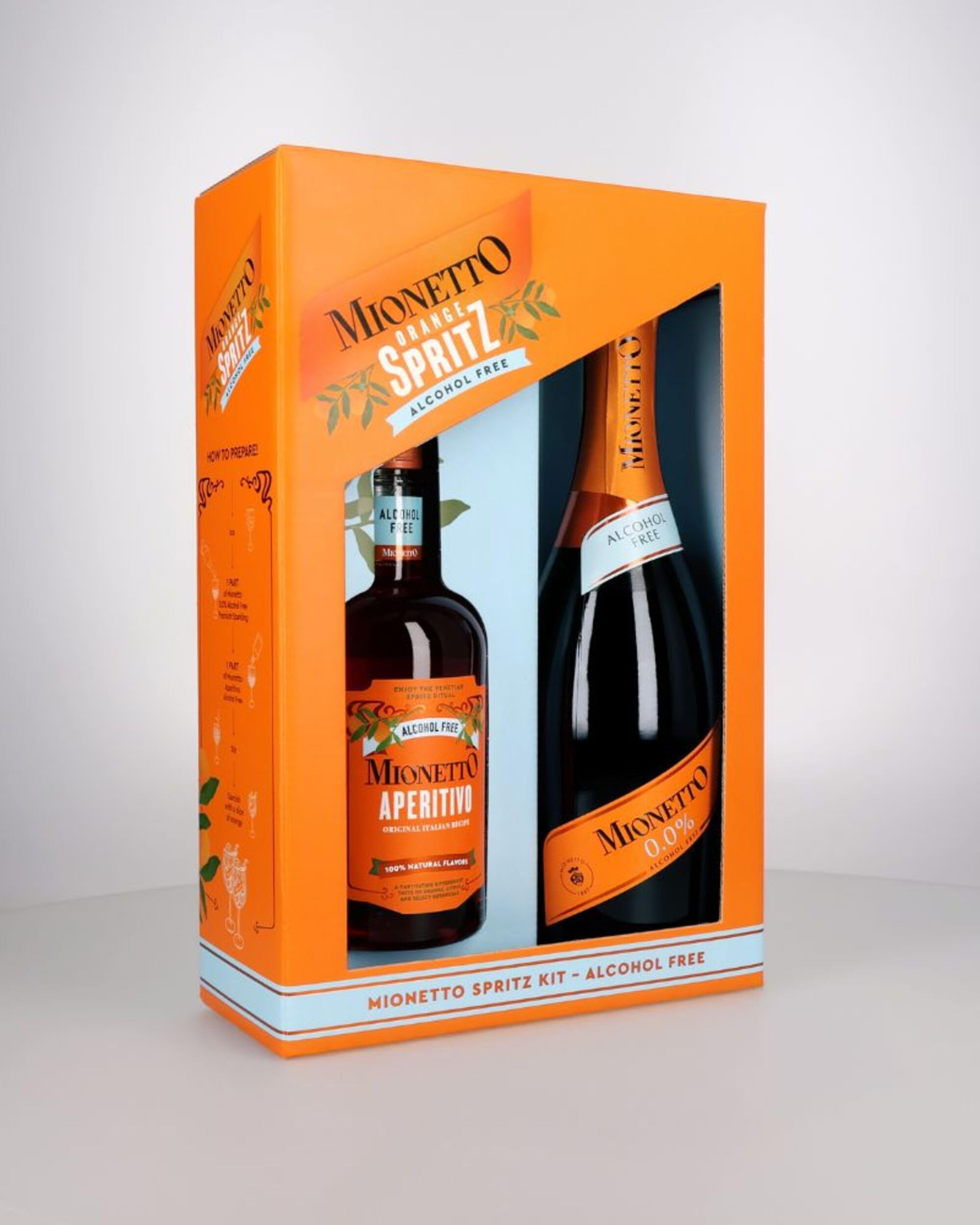 Mionetto Alkoholfrei Geschenke-Set – (1x Mionetto Prosecco 0,0% und 1x Aperitivo 0,0%) – Italienischer Genuss ohne Alkohol – Prickelnd, fruchtig, stilvoll – Hervorragend für Aperitif