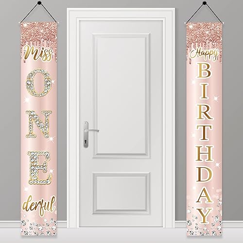 Miniatura 1 de Miss Onederful - Cartel de feliz cumpleaños para puerta y letrero de porche para niñas bebés, suministros de fiesta de primer cumpleaños, decoración