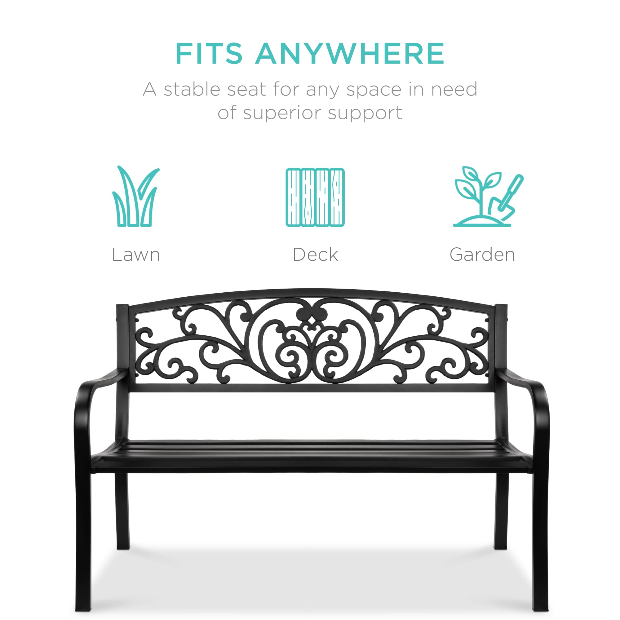 Best Choice Products Outdoor Bench Steel Garden Patio Porch Furniture for Lawn Park Deck wFloral Design Backrest Slatted Seat - Black product thumbnail 4