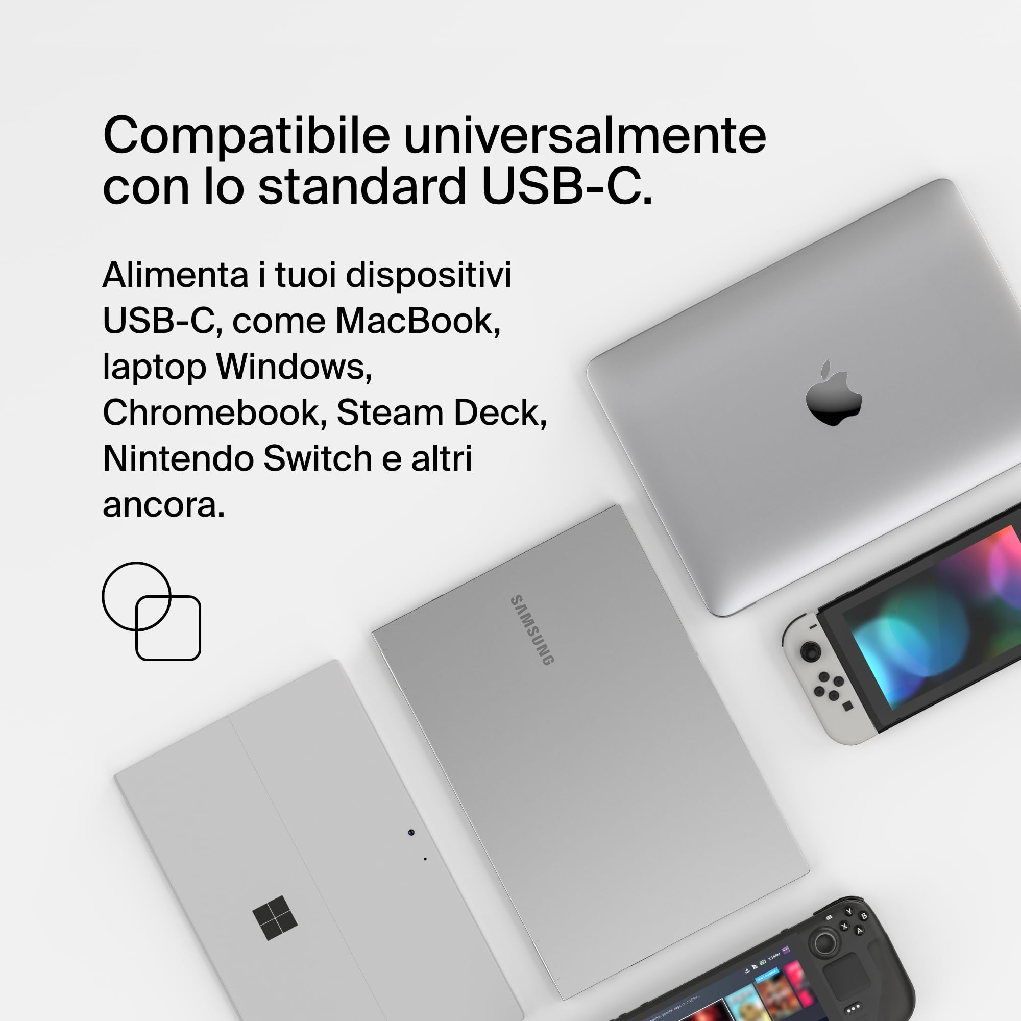 Belkin Connect Core Adattatore di alimentazione GaN USB-C da 100 W, alimentatore rapido USB-C universale, Power Delivery da 100 W, connessione da 2,5 m, per gaming, MacBook Pro, laptop PC e Chromebook