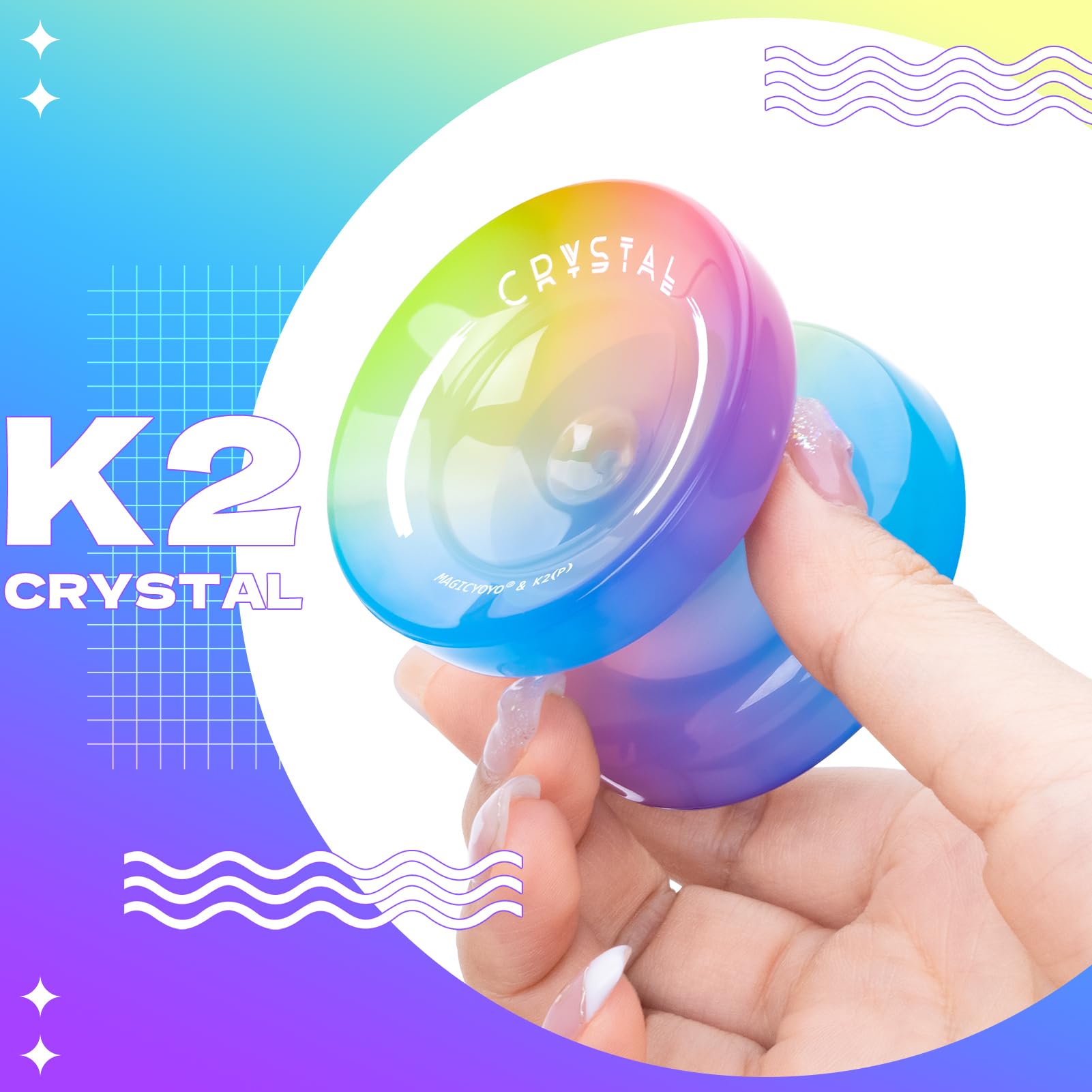 Responsive Yoyo for Kids Beginners, Professional Yoyo Crystal K2, Dual Purpose Yo-Yo for Adults + Extra Unresponsive Yo Yo Bearing + 12 Yoyo Strings + Yoyo Storage Bag ( Yellow Pink Blue Gradient)