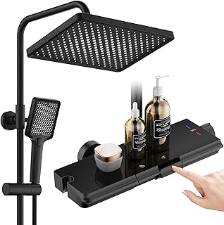 HOMELODY Duschsystem mit Thermostat und Glasablage Schwarz - 30x20cm Groß Kopfbrause Regendusche und 3 Strahlarten Handbrause, 2 Klavierknöpfen Duscharmatur Komplettset, Duschgarnitur mit Regendusche