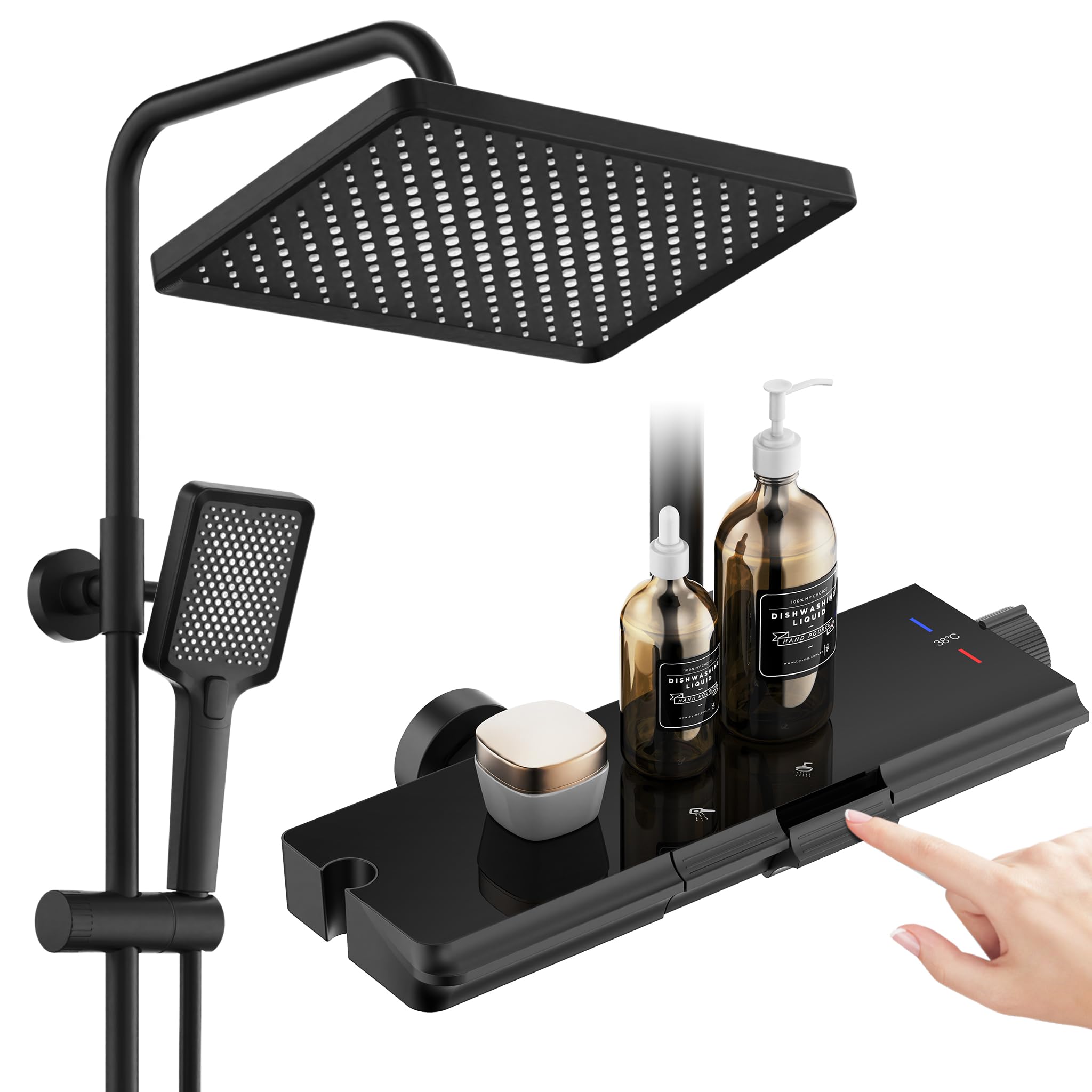 HOMELODY Duschsystem mit Thermostat und Glasablage Schwarz - 30x20cm Groß Kopfbrause Regendusche und 3 Strahlarten Handbrause, 2 Klavierknöpfen Duscharmatur Komplettset, Duschgarnitur mit Regendusche