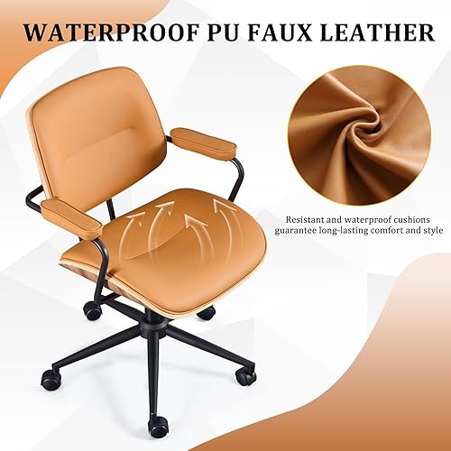 Miniatura 6 de BV Mid Century Modern - Juego de 1 silla de oficina giratoria con reposabrazos y respaldo de nogal, silla de escritorio ajustable para oficina en