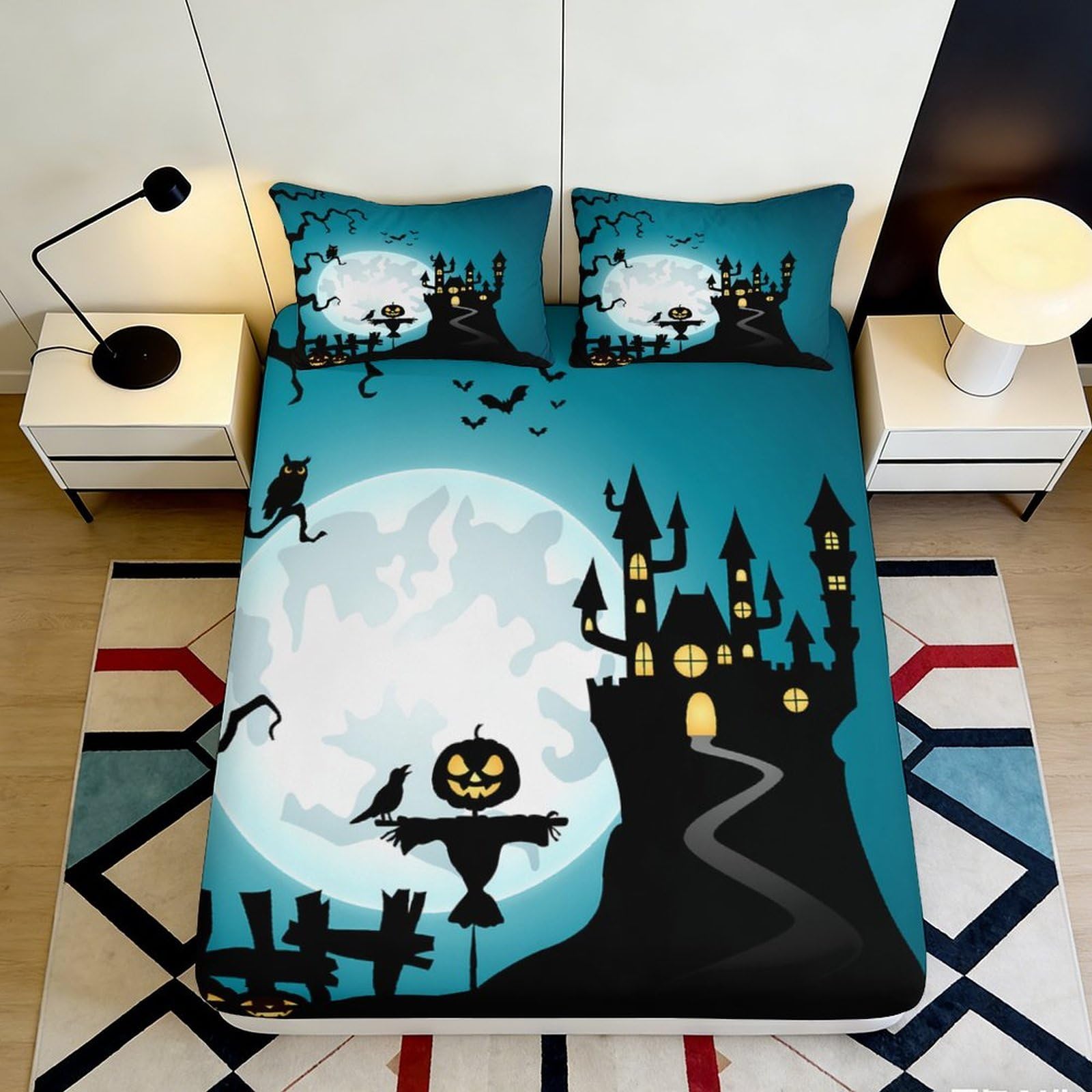 3D Printed Halloween Haunted Castle Fitted Sheet Microfiber Soft Pumpkin Moon Mattress Cover Bedroom Decor 90x200x25cm