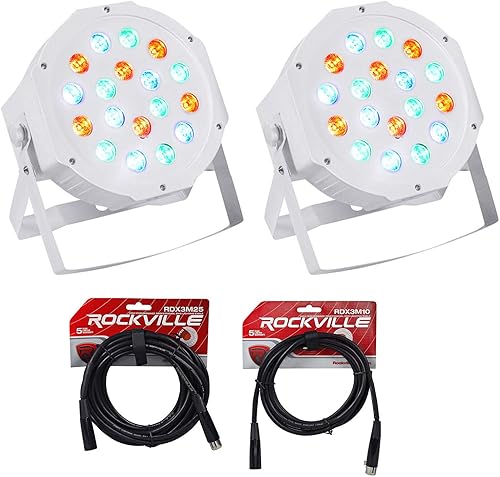 (2) Rockville RockPAR50 LED RGB Par Can Wash Light - Paquete blanco con (1) cable de iluminación DMX Rockville RDX3M25 de 25 pies y 3 pines, (1)