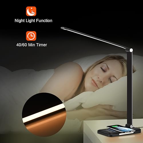 Miniatura 7 de AFROG - Lámpara de escritorio LED multifuncional de 3 generación con cargador inalámbrico rápido de 10 W, puerto de carga USB, luz nocturna, 1200